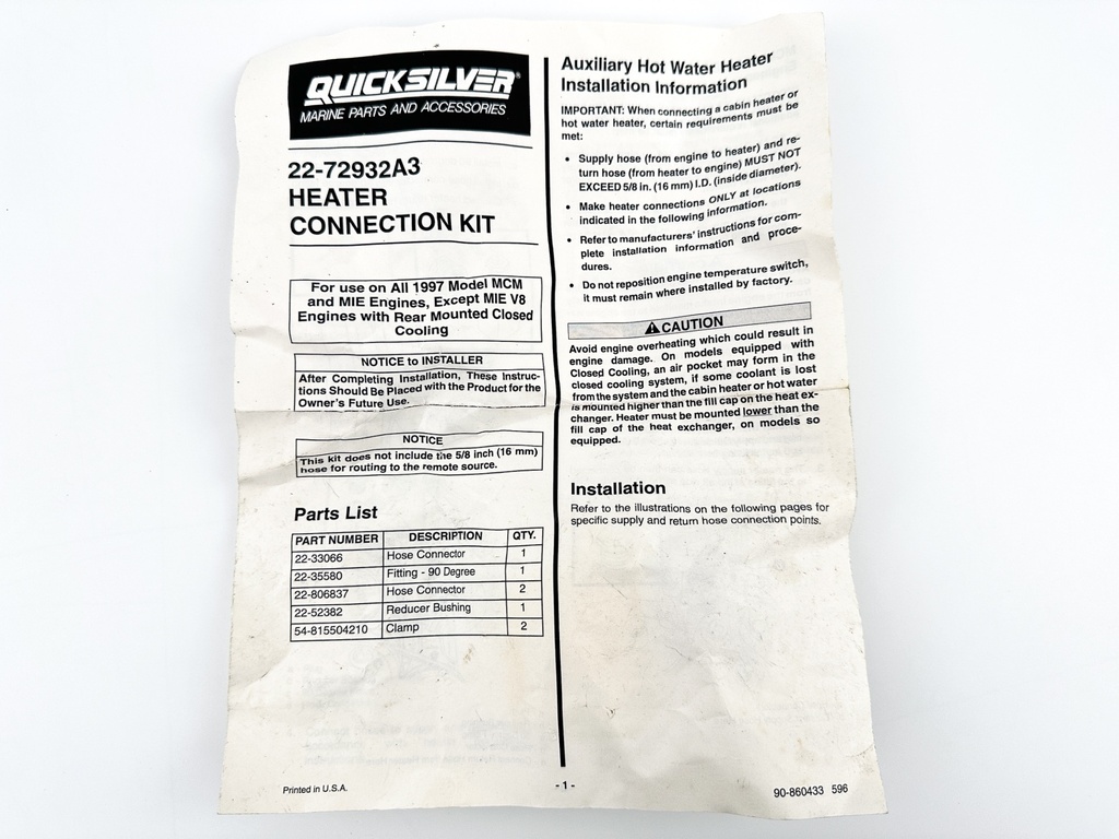 Mercury Quicksilver Marine Heater Connection Kit 72932A3