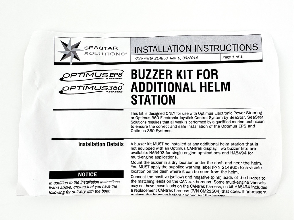 SeaStar Optimus Dometic Buzzer Wiring / Installation Kit HA5493