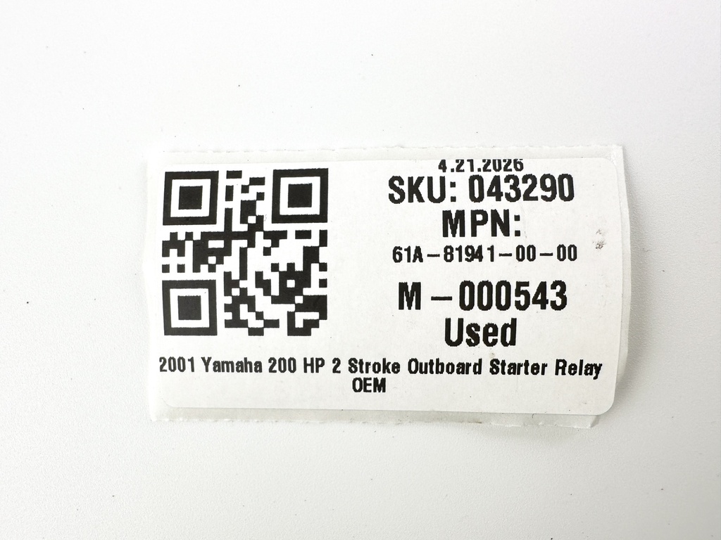 2001 Yamaha 200 HP 2 Stroke Outboard Starter Relay 61A-81941-00-00 OEM