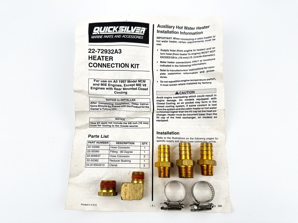 Mercury Quicksilver Marine Heater Connection Kit 72932A3